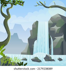 Naturwasserfall, Vektorhintergrund und Illustration