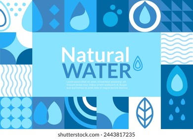 Natural water,geometric banner in flat style.Geometry minimalistic water drops,simple shapes of wave,leaf,drop.Great for flyer,web poster,templates,cover design, label.Vector illustration.