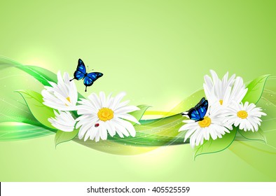Natural wavy background with flowers, leafs and butterflies - place for your text. Vector illustration.
