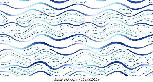 Natural wavy seamless pattern. Blue gradient waves on white background. Sea water blue landscape vector illustration. Abstract background of different curved lines and shapes