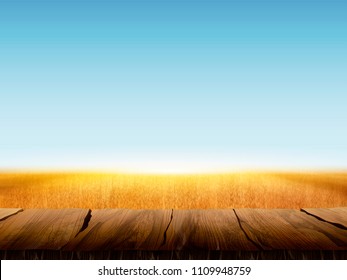 Natural wheat field background with blank wooden table