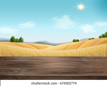 Natural wheat filed background with wooden table in 3d illustration