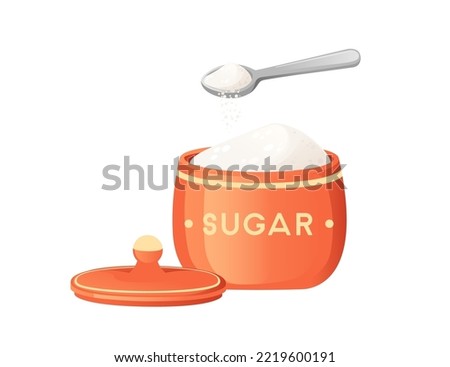Natural white granulated sugar in red jar with spoon vector illustration isolated on white background
