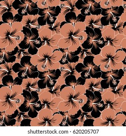 Natural white, orange and black hibiscus seamless pattern. Summer design. Seamless floral pattern can be used for wallpaper, website background, wrapping paper. Vector flower concept.