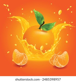 Natural whole orange fruits with half and green leaves isolated on Orange background.