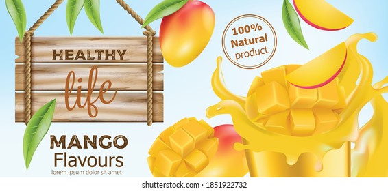 Natural whole and sliced mango with flowing juice around and a wooden sign near by. Product for healthy life. Place for text. Realistic 3D mockup product placement. Vector