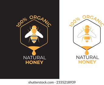  Natural wild raw organic honey logo label concept with bee symbol inside hexagon honeycomb nectar drop sign. Beekeeper farm badge brand identity template. Vector illustration.