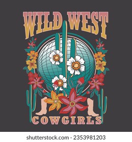 natural wild west cowgirl bootee, cactus, flowers in desert vibes, Retro Cowgirl boots and hat. Colorful retro shooting stars. T-shirt or poster design of wild side. illustration of Cowgirl boot with 