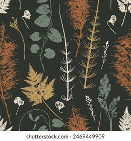 Natural Wildflowers and Herbs Print. Vector Vintage Seamless Pattern with Grass Leaf Silhouettes. Stamp Leaves. Floral Background. Meadow Plants Wallpaper. Handmade. Not AI.