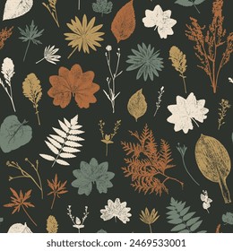 Natural Wildflowers and Herbs Print. Vector Vintage Seamless Pattern with Grass Leaf Silhouettes. Stamp Leaves. Floral Background. Meadow Plants Wallpaper. Handmade. Not AI.