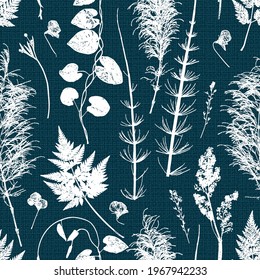 Natural Wildflowers and Herbs Prints. Grass Leaf Silhouettes. Floral Vector Background with Imitation Linen Burlap Texture. Stamp Leaves Seamless Pattern. Meadow Plants Vintage Blue White Wallpaper