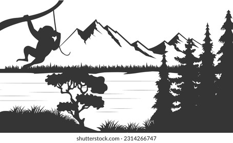 Natural wildlife landscape silhouettes illustration. Monkey hanging on tree branch, animals, trees vector silhouettes. Mountains background