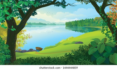 Natural window view to the tropical river and a boat