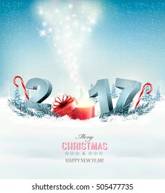 Natürlicher Winterhintergrund mit 2017 Schild und einem magischen Geschenkbox. Vektorgrafik.