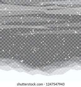 Natural Winter background with sky, heavy snowfall, snowflakes in different shapes and forms, snowdrifts.