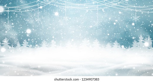 Natural Winter Christmas background with blue sky, heavy snowfall, snow, snowy coniferous forest, light garlands, snowdrifts. Holiday winter landscape for Merry Christmas. Christmas scene. vector.