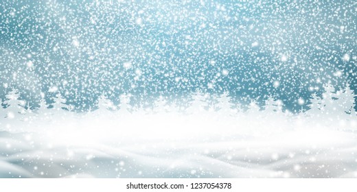 Natural Winter Christmas background with blue sky, heavy snowfall, snowflakes, snowy coniferous forest, snowdrifts. Winter landscape with falling christmas shining beautiful snow. vector.