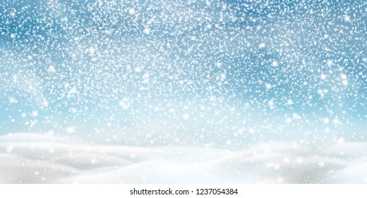 Natural Winter Christmas background with blue sky, heavy snowfall, snowflakes in different shapes and forms, snowdrifts. Winter landscape with falling christmas shining beautiful snow. vector.