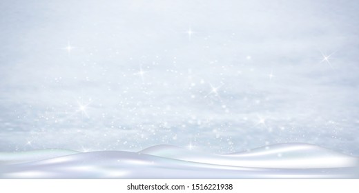 Natural Winter Christmas background with blue sky, heavy snowfall, snowflakes in different shapes and forms, snowdrifts. Winter landscape with falling shining beautiful snow. vector illustration.