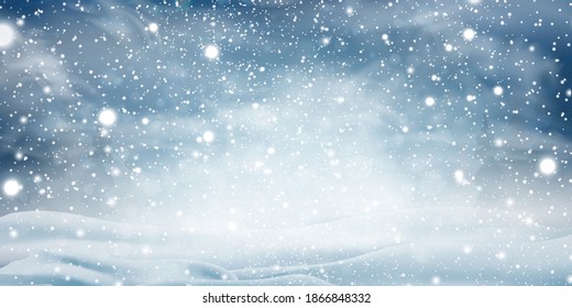 Natural Winter Christmas background with blue sky, heavy snowfall, snowflakes in different shapes and forms, snowdrifts. Winter landscape with falling christmas shining beautiful snow.