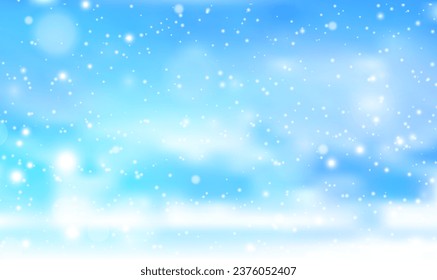 Natural winter Christmas background with blue sky, heavy snowfall, snowflakes and blurred bokeh. Happy new year greeting card. Christmas shining beautiful snow.Holiday winter vector illustration EPS10