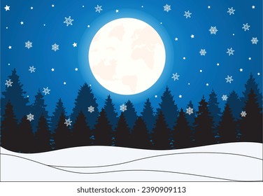Natürlicher Winter-Weihnachtshintergrund mit Mond am Himmel, starker Schneefall, Schneeflocken in verschiedenen Formen und Formen, Schneeflocken. Winterlandschaft mit fallendem Weihnachten strahlend schönem Schnee. Vektorgrafik 