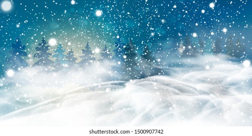 Natural Winter Christmas background with night, heavy snowfall, snowflakes, snowy coniferous forest, snowdrifts. Winter landscape with falling christmas shining beautiful snow. vector illustration.