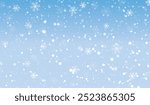 Natural Winter Christmas background with sky, heavy snowfall, snowflakes in different shapes and forms, snowdrifts. Winter landscape with falling Christmas shining beautiful snow. vector.