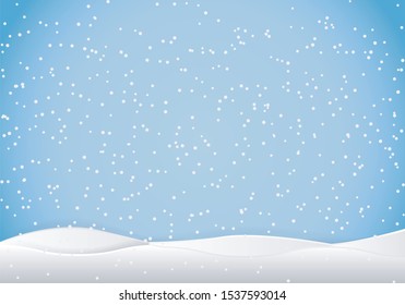 Natural Winter Christmas background with sky, heavy snowfall, snowflakes in different shapes and forms, snowdrifts. Winter landscape with falling christmas shining beautiful snow. vector.
