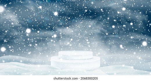 Natural Winter Christmas background with sky, snowfall, snowflakes, snowdrifts. Winter landscape with falling snow and Realistic Christmas Winter Product podium. vector illustration.