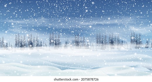 Natural Winter Christmas background with sky, heavy snowfall, snowflakes in different shapes and forms, snowdrifts. Winter landscape with falling christmas shining beautiful snow. vector.