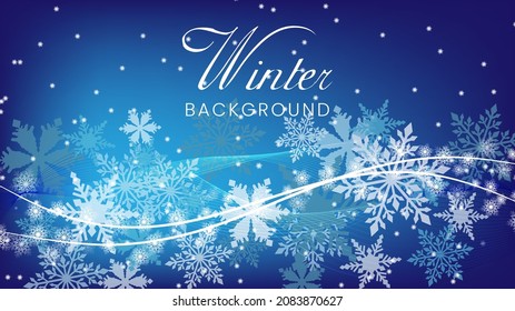 Natural Winter Christmas background with sky, heavy snowfall, snowflakes in different shapes and forms, snowdrifts. Winter landscape with falling shining beautiful snow. vector. 