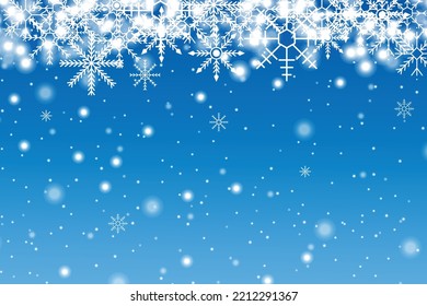 Natural Winter Christmas background with sky, heavy snowfall, snowflakes in different shapes and forms, snowdrifts. Winter landscape with falling christmas shining beautiful snow.