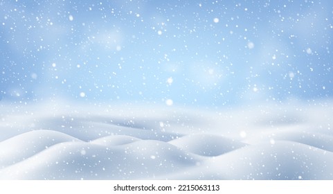 Natural winter Christmas background with sky, heavy snowfall, Vector snowy landscape with falling New Year shining beautiful snow. Snowflakes in different shapes and forms, snowdrifts