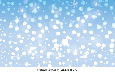 Natural Winter Christmas background with sky, heavy snowfall, snowflakes in different shapes and forms, snowdrifts. Winter landscape with falling Christmas shining beautiful snow. vector.