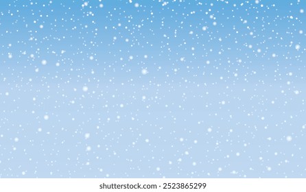 Natural Winter Christmas background with sky, heavy snowfall, snowflakes in different shapes and forms, snowdrifts. Winter landscape with falling Christmas shining beautiful snow. vector.