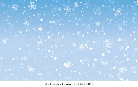 Natural Winter Christmas background with sky, heavy snowfall, snowflakes in different shapes and forms, snowdrifts. Winter landscape with falling Christmas shining beautiful snow. vector.