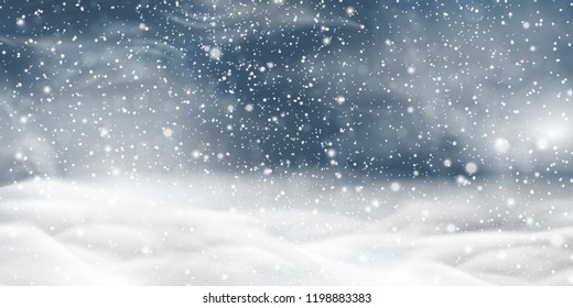 Natural Winter Christmas background with storm clouds, sky, heavy snowfall, snowflakes in different shapes, snowdrifts. Winter landscape with falling christmas shining beautiful snow. vector.