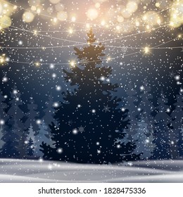 Natural Winter Christmas tree background with blue sky, heavy snowfall, snowflakes in different shapes and forms, snowdrifts. Winter landscape with falling christmas shining beautiful snow.