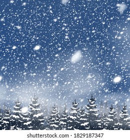 Natural Winter Christmas tree background with blue sky, heavy snowfall, snowflakes in different shapes and forms, snowdrifts. Winter landscape with falling christmas shining beautiful snow.