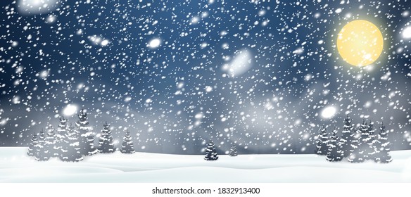 Natural Winter Christmas tree background with blue sky, heavy snowfall, snowflakes in different shapes and forms, snowdrifts. Winter landscape with falling christmas shining beautiful snow.
