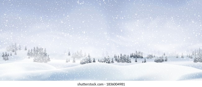 Natural Winter Christmas tree background with blue sky, heavy snowfall, snowflakes in different shapes and forms, snowdrifts. Winter landscape with falling christmas shining beautiful snow.