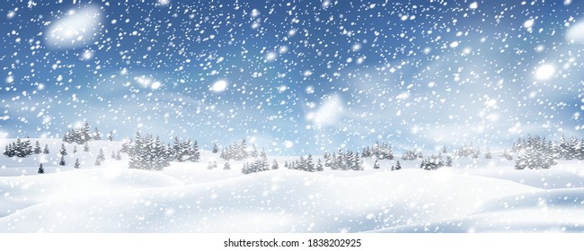 Natural Winter Christmas tree background with blue sky, heavy snowfall, snowflakes in different shapes and forms, snowdrifts. Winter landscape with falling christmas shining beautiful snow.