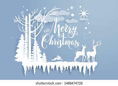 Natural winter design with wood, snowflakes and deers. Seasonal realistic paper cut holiday card.