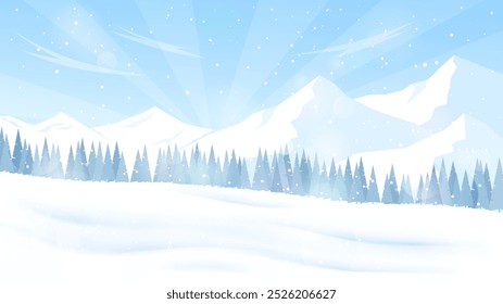 Natural winter landscape. Snow-capped mountains and trees against a clear blue sky. The concept of winter tourism, active recreation. Sunny day, snowfall. Vector image.