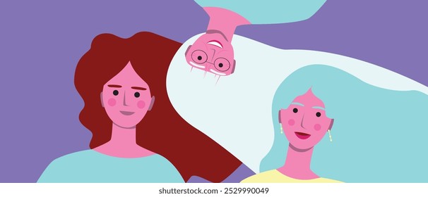 Natural women with beautiful hair together as imperfect perfection concept, premium flat vector stock illustration