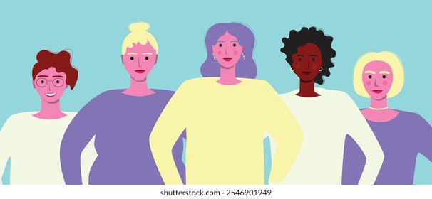 Mujeres naturales como concepto de imperfección perfecta para el día internacional de la mujer, ilustración de stock de Vector plano con feministas para el 8 de marzo