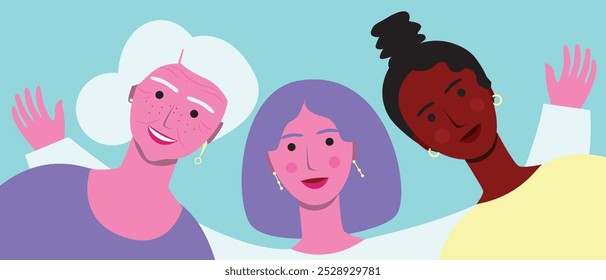 Natural women together as imperfect perfection concept, premium flat vector stock illustration with group of beautiful other women, different ages, ethnic group