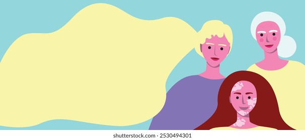 Natural women together as imperfect perfection concept, premium flat vector stock illustration with space for text as overlay template