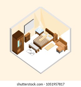Natural Wood Classic Bedroom Isometric Home Interior Illustration Design